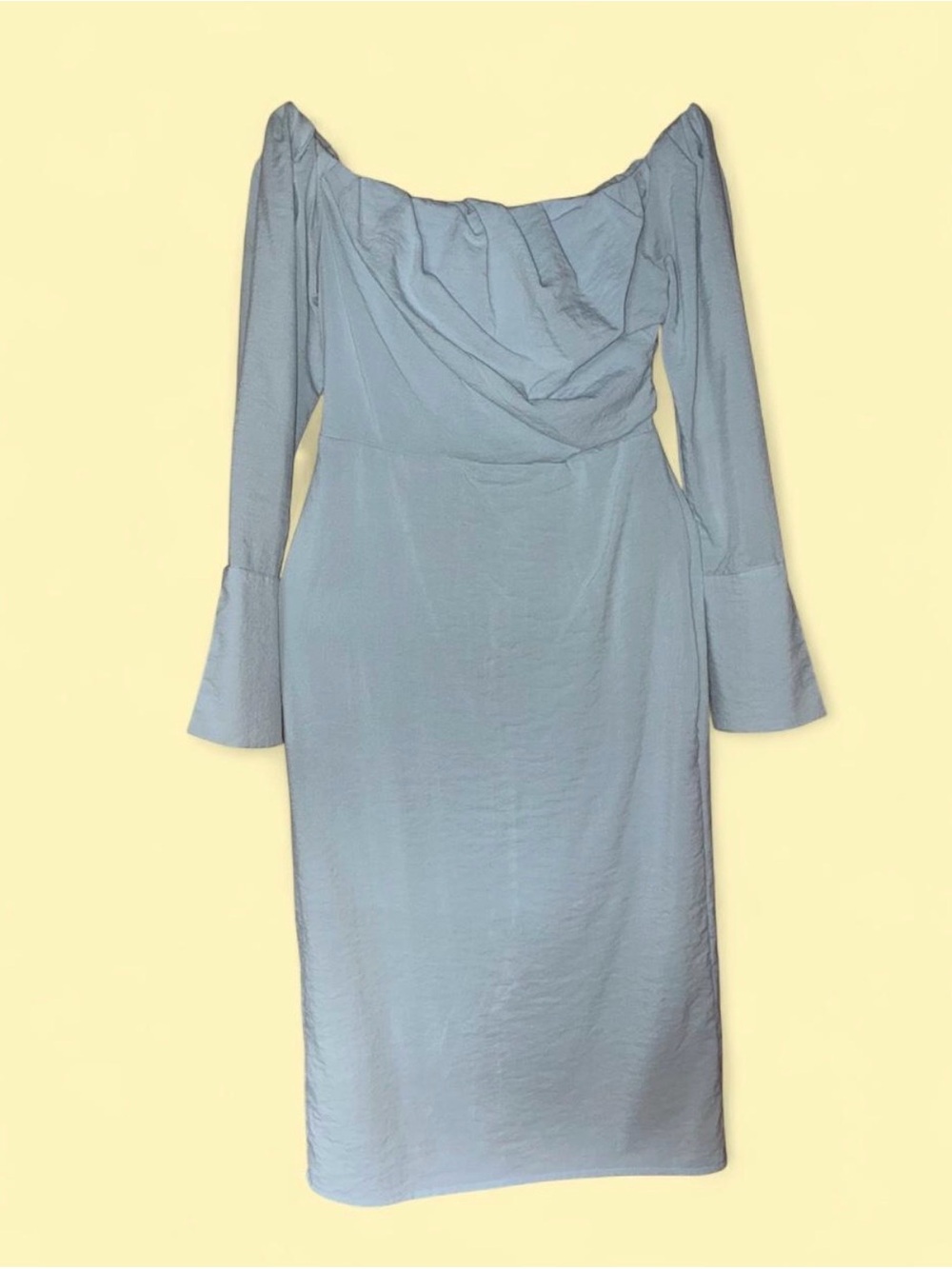 Soft Blue Off-Shoulder Midi Dress with Long Sleeves